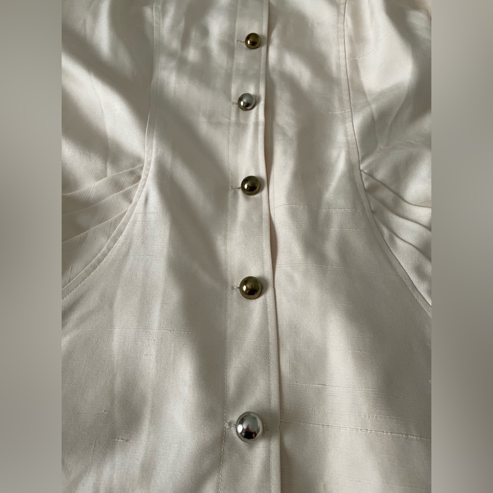 Vintage Silk Cream Button Midi Dress with Shoulder Pads Medium M - Picture 8 of 15